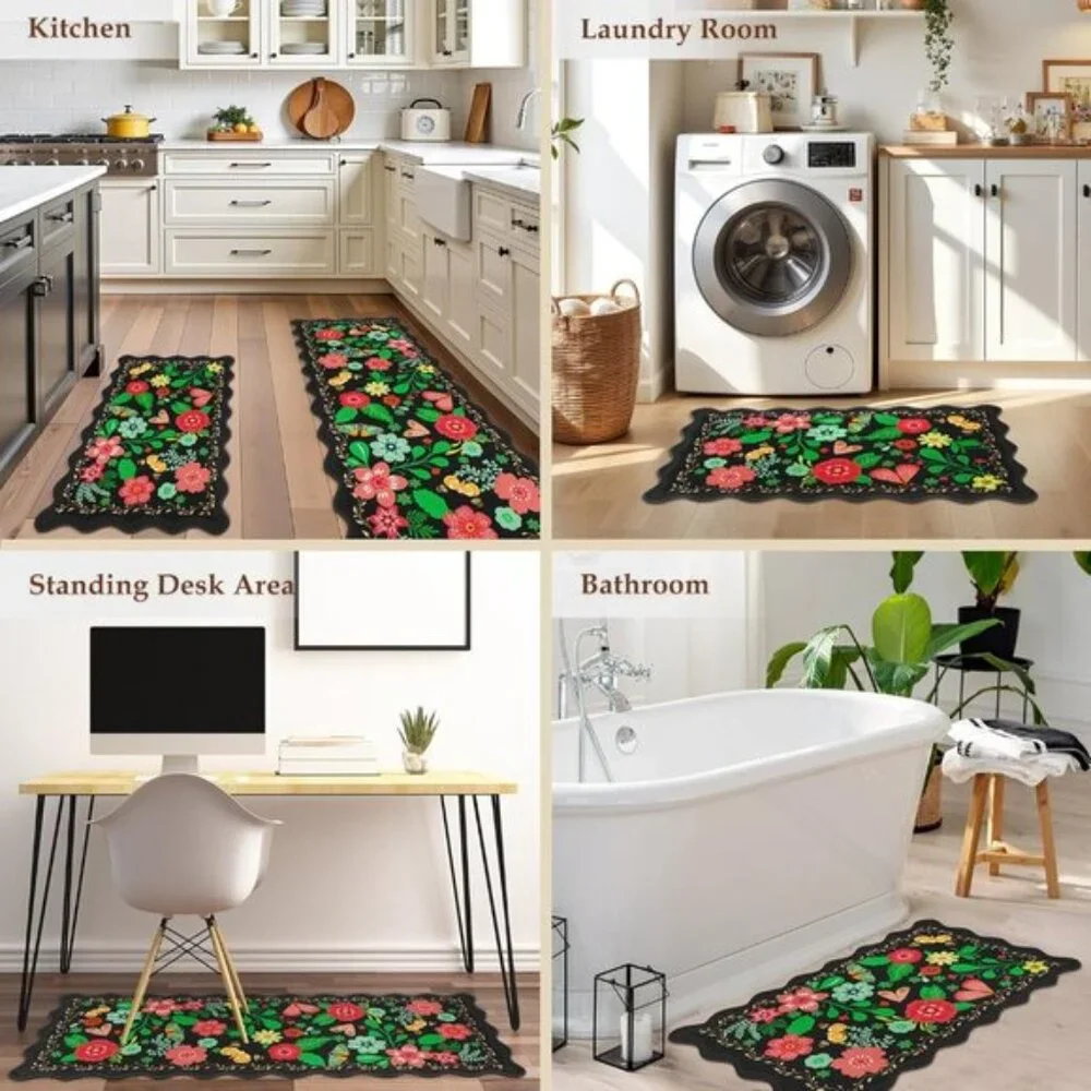 New Scalloped Black Kitchen Mat Set, Cushioned, Non-Slip Carpet for Floor